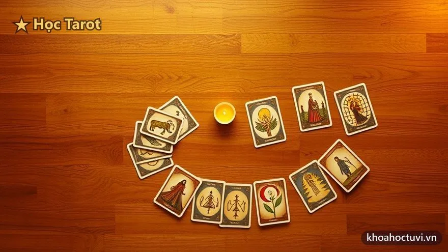 Sơ đồ lộ trình học Tarot 30 ngày với các mốc tuần, minh họa kế hoạch luyện tập cho người mới