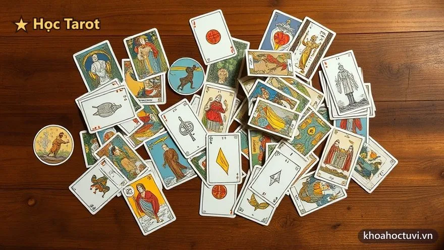 Một bộ bài Tarot xáo trộn trên bàn với vài lá rơi lệch, minh họa những lỗi thường gặp khi mới học Tarot