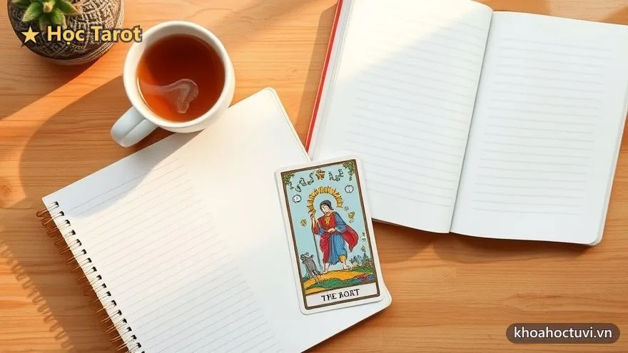 Một lá bài Tarot được rút mỗi sáng đặt bên tách trà và cuốn sổ, thói quen luyện trực giác cho người mới