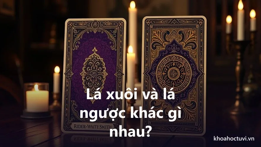 Minh họa lá bài tarot ngược so với lá xuôi trên bàn trải bài