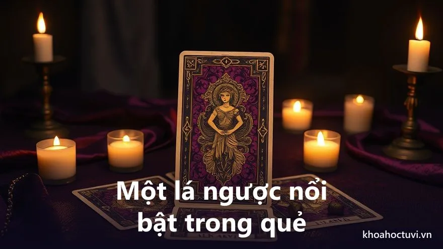 Bàn trải bài tarot có một lá ngược nổi bật giữa các lá xuôi