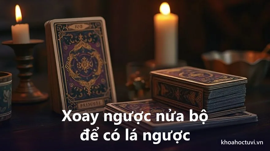 Hai bàn tay xáo bộ bài tarot có xoay ngược một nửa để tạo lá ngược