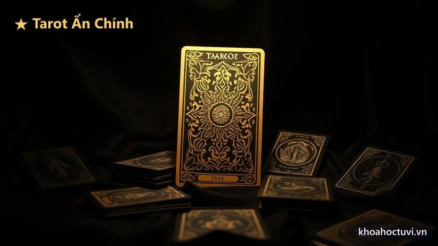 Một lá Ẩn Chính Tarot đặt giữa các lá Ẩn Phụ trên khăn tối, minh họa cách đọc lá bước ngoặt