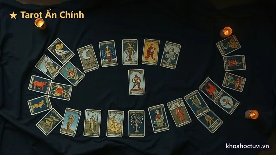 22 lá Ẩn Chính Tarot xếp thành vòng cung, minh họa Hành trình Gã Khờ từ số 0 đến 21
