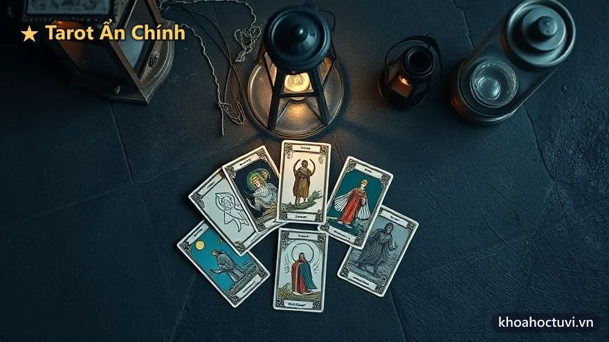 Nhóm lá Ẩn Chính thử thách gồm Sức Mạnh, Ẩn Sĩ, Cái Chết trên nền trầm tĩnh