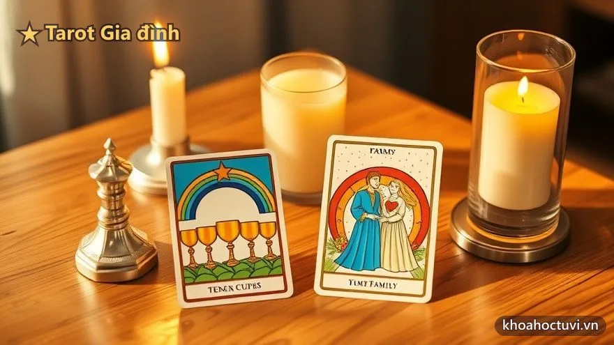 Lá Mười Cốc và Bốn Gậy sáng ấm bên mô hình ngôi nhà nhỏ và ngọn nến, biểu tượng nền tảng tình thân vẫn vững