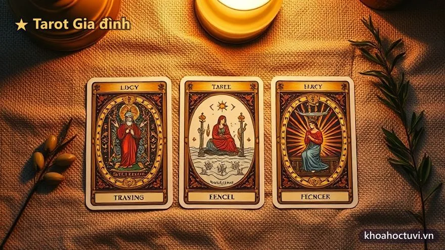 Ba lá bài Tarot xếp thành hàng trên khăn ấm, minh họa cách trải bài hòa giải Tôi – Người thân – Giữa hai bên