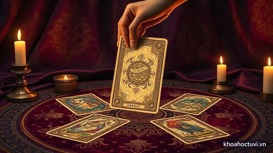 Bàn tay lật một lá bài Tarot trên khăn trải, xung quanh là các lá Ẩn Phụ xếp theo thế trải bài