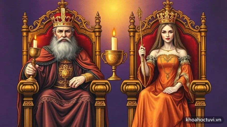 Bốn lá bài hoàng gia Vua và Hoàng Hậu Tarot đặt trang trọng trên nền nhung, tượng trưng cho bộ tứ hoàng gia Ẩn Phụ