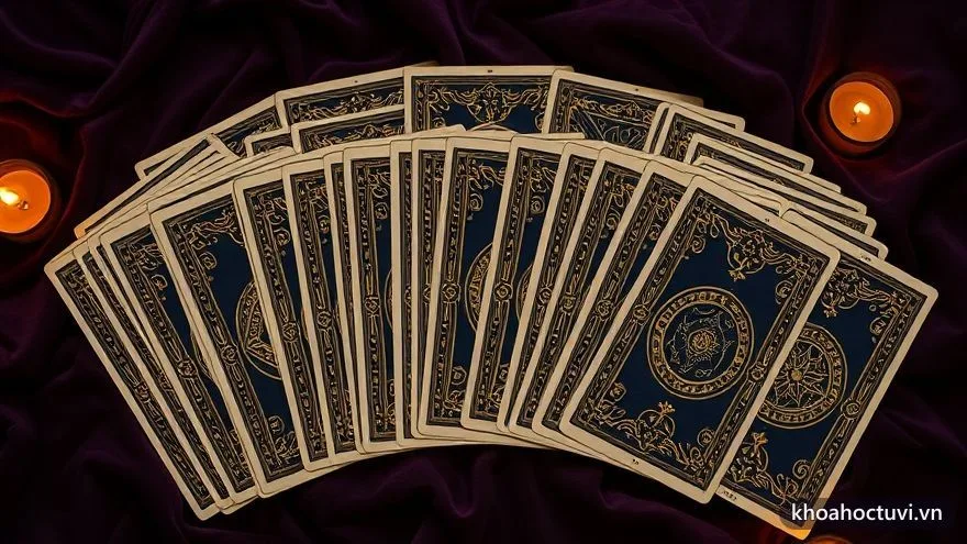 Bộ bài Tarot xòe hình quạt để úp, khoe hoa văn mặt sau tinh xảo — tượng trưng cho việc học thuộc 56 lá Ẩn Phụ theo hệ thống