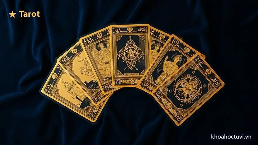 Dải quạt các lá Tarot Ẩn Chính mạ vàng trên nền nhung xanh, hình minh họa biểu tượng huyền học