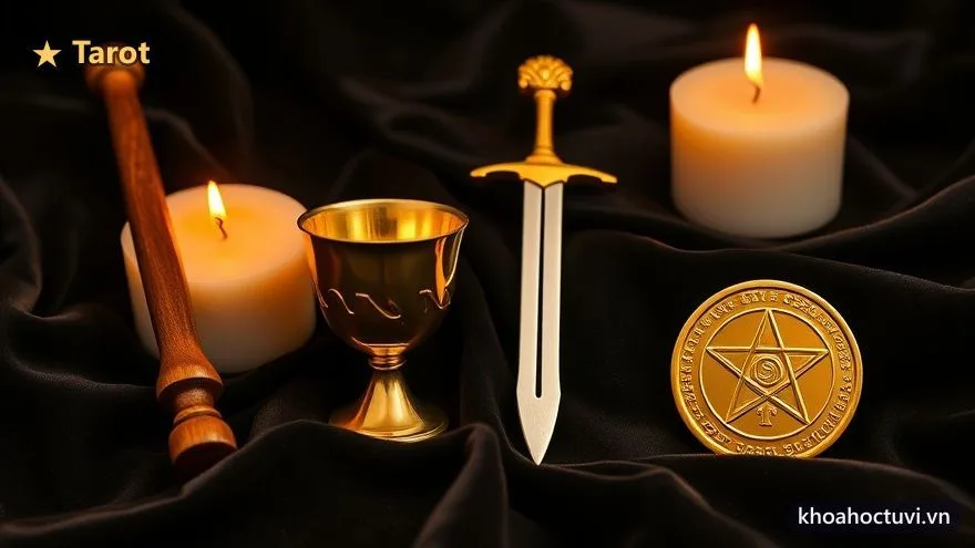 Tĩnh vật bốn biểu tượng chất Tarot: gậy gỗ, chén vàng, kiếm bạc và đồng xu khắc ngôi sao năm cánh trên nền nhung đen bên nến