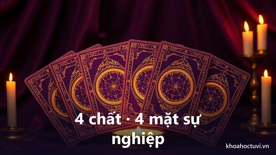 Bốn chất bài tarot ứng với bốn mặt của sự nghiệp: Gậy đam mê, Tiền thu nhập, Kiếm tư duy, Cốc quan hệ