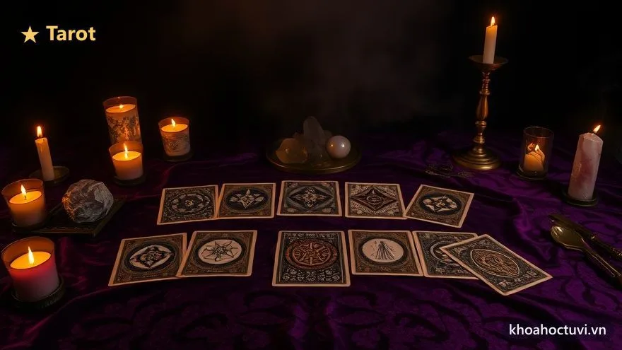 Nhiều lá bài Tarot trải ngửa trên khăn nhung tím dưới ánh nến và pha lê — không gian bói bài Tarot huyền ảo