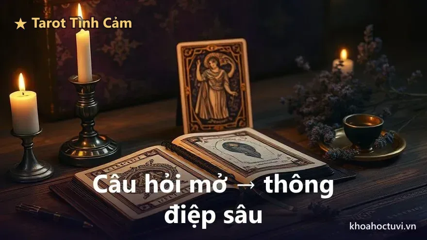 Cuốn sổ mở cạnh lá bài úp và nến trắng — bước viết câu hỏi ra giấy trước khi trải bài tarot tình cảm