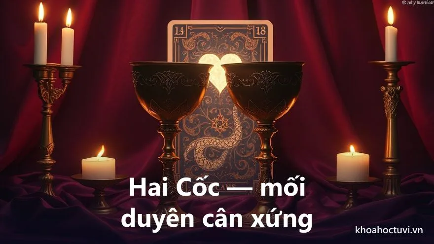 Hai chén vàng chạm nhau với trái tim ánh sáng ở giữa trước lá bài tarot — biểu tượng lá Hai Cốc, mối duyên cân xứng trong tình yêu