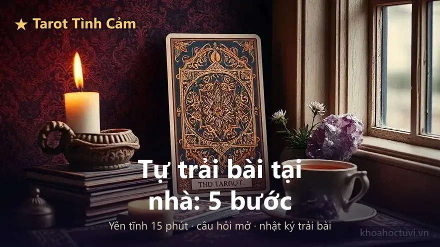 Góc tự trải bài tarot tình cảm tại nhà: bộ bài, nến trắng, thạch anh tím và tách trà bên cửa sổ — quy trình 5 bước