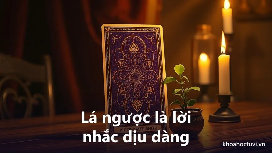 Lá bài tarot lật ngược cạnh chồi cây non trong ánh nến vàng ấm — lá ngược mang thông điệp chữa lành chứ không phải điềm dữ