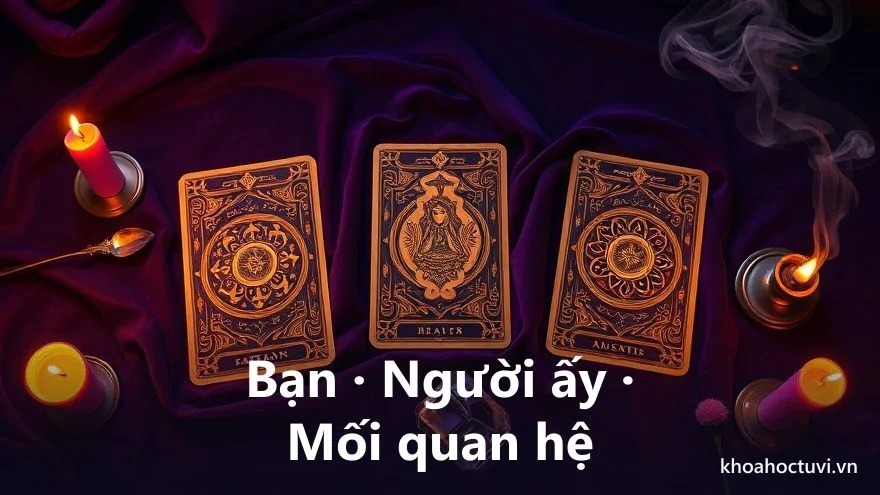 Ba lá bài tarot xếp hàng ngang trên khăn nhung tím giữa hai ngọn nến — khuôn trải bài 3 lá cho câu hỏi tình cảm