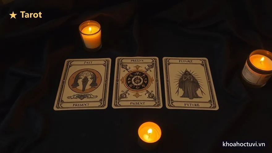 Ba lá Tarot xếp hàng ngang Quá khứ – Hiện tại – Tương lai dưới ánh nến trên nền vải tối