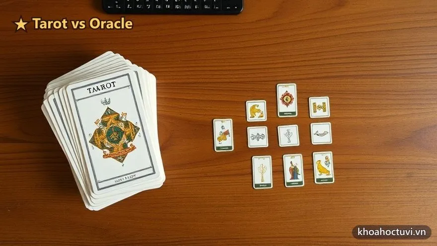 Một bộ bài Tarot chuẩn 78 lá xếp gọn thành chồng bên cạnh bảng phân nhóm, minh họa cấu trúc cố định của Tarot