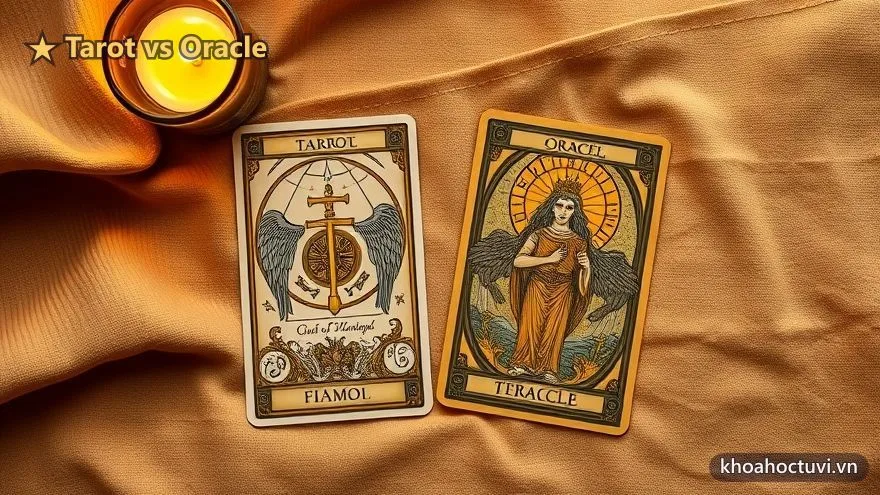 Một lá Tarot và một lá Oracle đặt cạnh nhau trên khăn ấm, minh họa cách dùng kết hợp hai loại bài