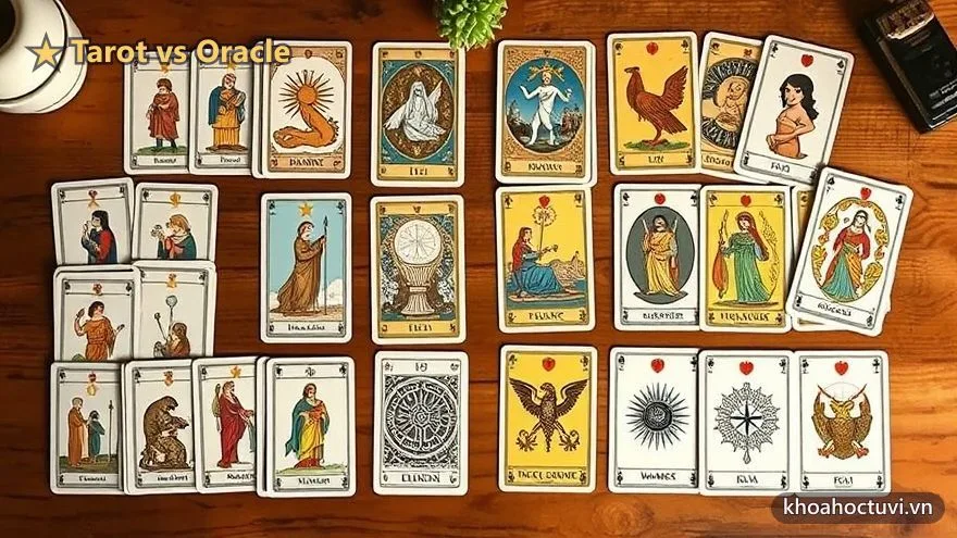 Hai bộ bài, một Tarot có cấu trúc và một Oracle nghệ thuật, đặt cạnh nhau trên bàn để so sánh khi chọn