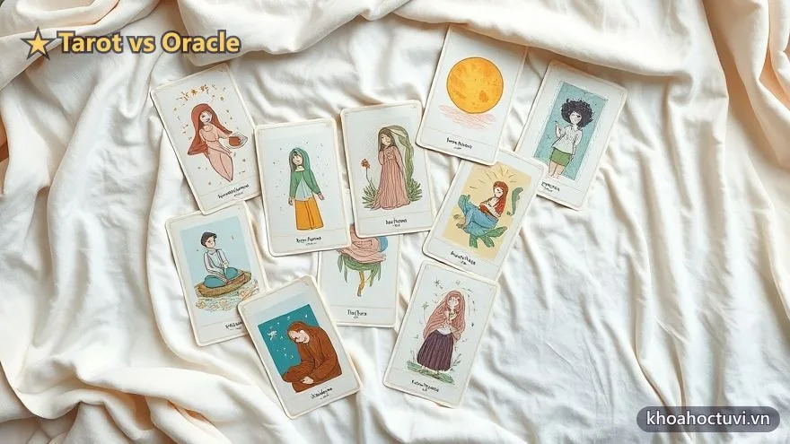 Một bộ bài Oracle với những lá tranh nghệ thuật đa dạng trải tự do trên khăn, minh họa tính tự do của Oracle