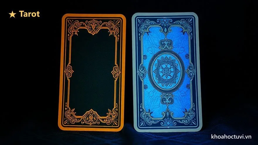 Hai lá Tarot cạnh nhau, một lá dựng xuôi ánh vàng ấm và một lá ánh xanh lạnh, minh họa nghĩa lá xuôi và lá ngược