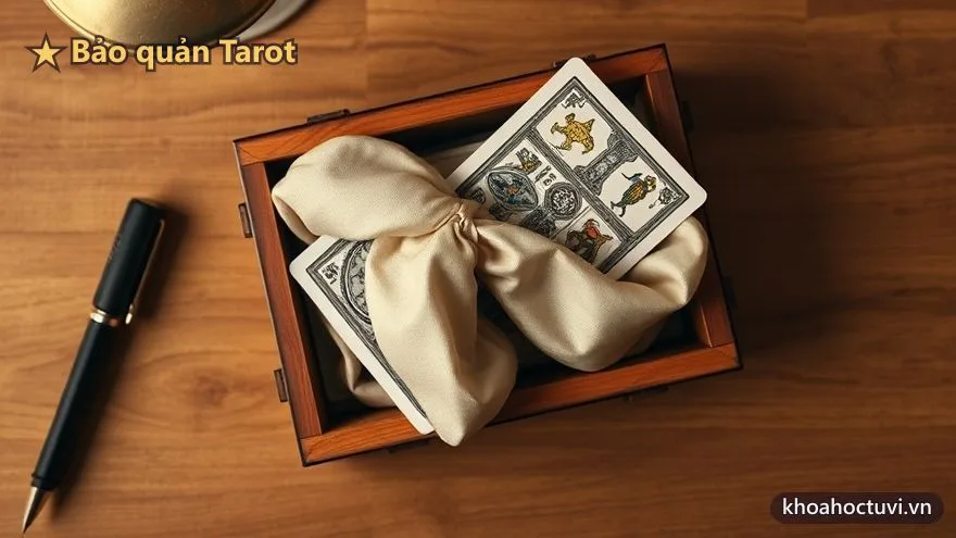 Một bộ bài Tarot được bọc trong khăn lụa và cất trong hộp gỗ nhỏ, minh họa cách bảo quản bộ bài bền đẹp