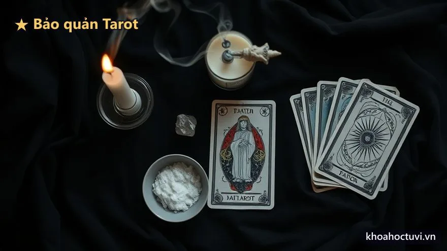 Các dụng cụ thanh tẩy bộ bài Tarot gồm nến, khói thảo mộc, muối và thạch anh bày trên khăn tối