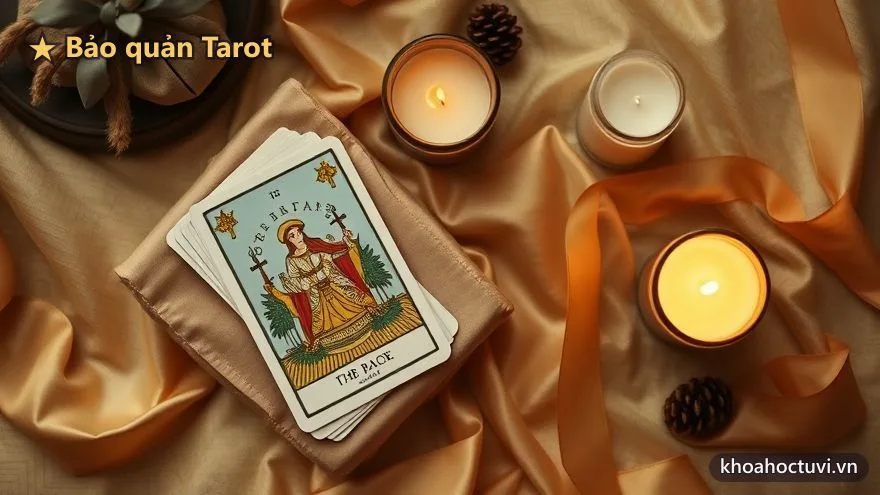 Đôi bàn tay khép hờ quanh một bộ bài Tarot bên ngọn nến ấm, biểu tượng sự kết nối với bộ bài mới