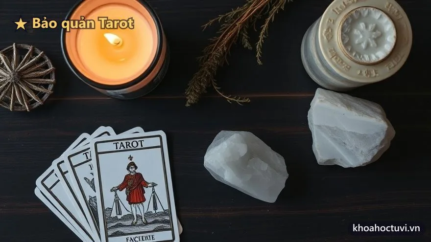 Một bộ bài Tarot đặt bên cạnh nến, thạch anh trắng và nhánh thảo mộc khô, biểu tượng nghi thức thanh tẩy