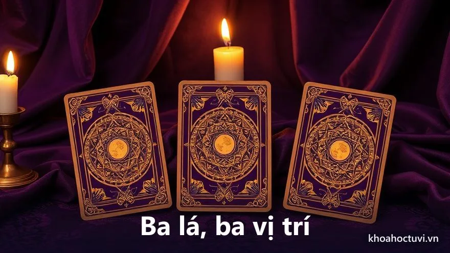 Ba lá bài Tarot úp mặt xếp thành hàng ngang trên khăn nhung tối, chuẩn bị cho một lượt trải bài Tarot 3 lá