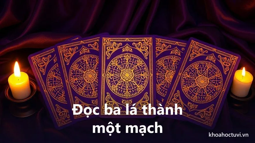 Bộ bài Tarot dưới ánh nến với lá trung tâm được nhấn sáng, minh họa cách đọc bài Tarot 3 lá theo mạch truyện liền nhau