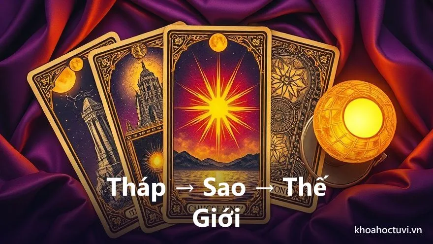 Ba biểu tượng nối tiếp từ tòa tháp sụp đổ, tới ngôi sao rực sáng, tới quả cầu ánh sáng trọn vẹn, minh họa mạch đi lên của lượt trải bài Tarot 3 lá