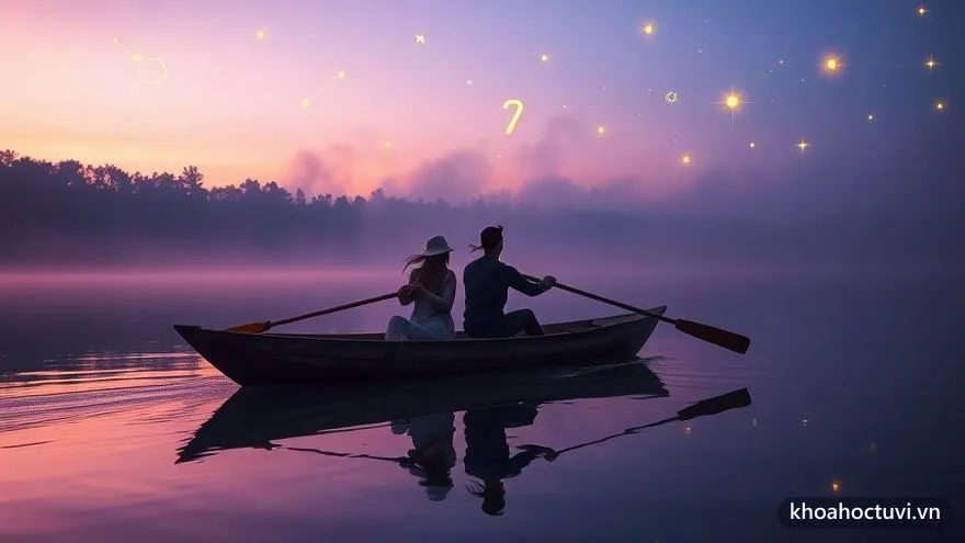 Hai người chèo chung một chiếc thuyền trên mặt hồ phẳng lặng lúc bình minh — sự đồng nhịp và hợp tác của năm cá nhân số 2