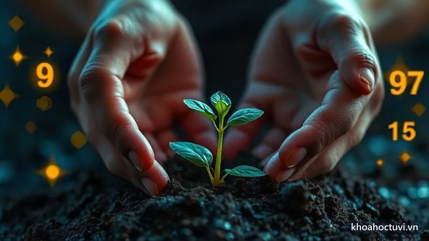 Hai bàn tay nhẹ nhàng nâng một mầm cây non vừa nhú khỏi lớp đất ẩm — hình ảnh nuôi dưỡng của năm cá nhân số 2