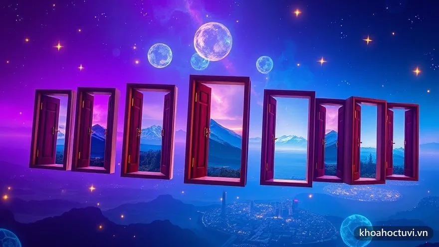Nhiều cánh cửa gỗ mở ra những khung cảnh khác nhau — biển, núi, thành phố — biểu tượng cho cơ hội đa chiều của năm cá nhân số 5