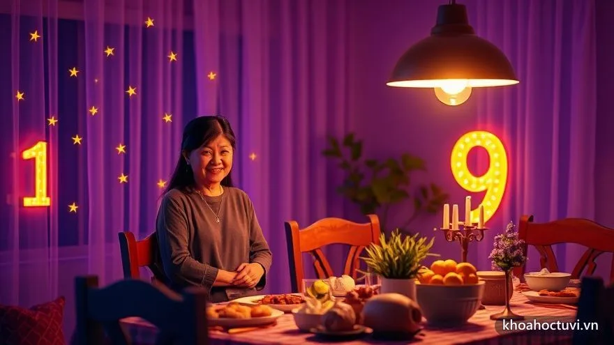 Một người mẹ mỉm cười đứng bên bàn ăn dọn sẵn cho gia đình dưới ánh đèn ấm — vai trò chăm sóc của năm cá nhân số 6
