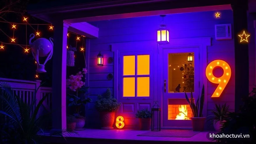 Một mái hiên nhà nhỏ với ánh đèn ấm và chậu cây xanh, bên trong thấp thoáng ánh bếp lửa vàng — hình ảnh tổ ấm của năm cá nhân số 6