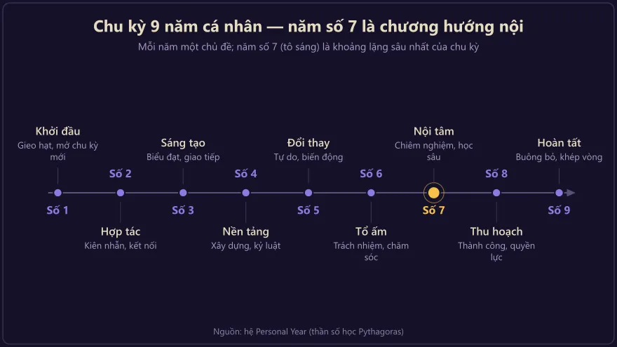 Biểu đồ chu kỳ 9 năm cá nhân với năm số 7 được đánh dấu là giai đoạn hướng nội chiêm nghiệm