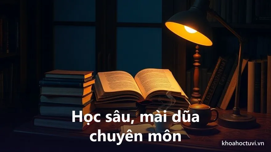 Một góc thư phòng yên tĩnh với sách mở, đèn đọc ấm và tách trà — không gian học sâu và nghiên cứu của năm cá nhân số 7