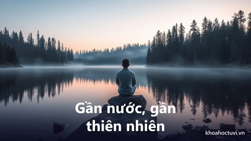 Một người ngồi lặng bên hồ nước phẳng lặng giữa rừng cây, ánh sáng dịu buổi sớm — khoảng tĩnh dưỡng của năm cá nhân số 7