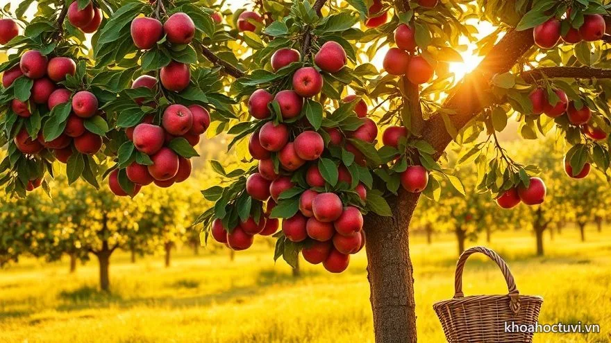 Cây táo trĩu quả chín đỏ trong vườn nắng vàng — thành quả chín cây của năm cá nhân số 8