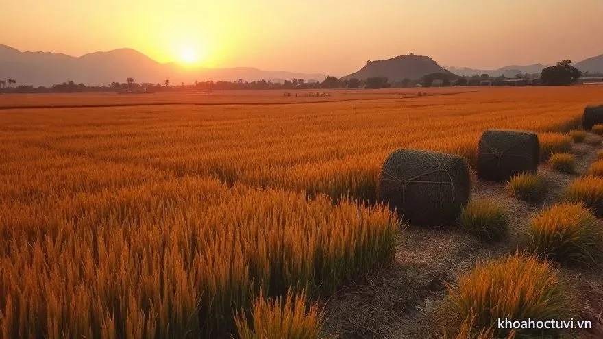 Cánh đồng lúa chín vàng cuối vụ dưới hoàng hôn với những bó rạ đã gặt xếp gọn — ẩn dụ năm cá nhân số 9 khép mùa