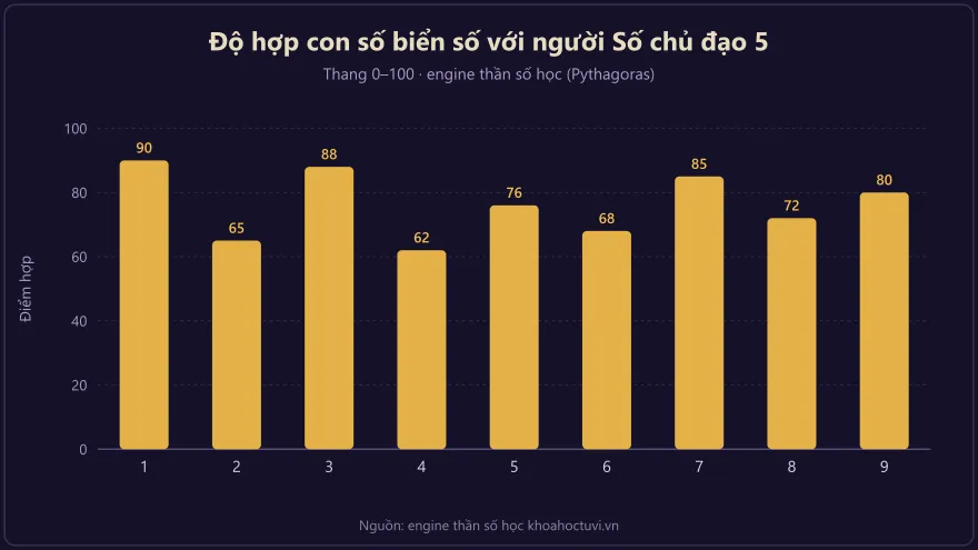Biểu đồ cột độ hợp giữa con số biển số xe và người Số chủ đạo 5 theo thần số học