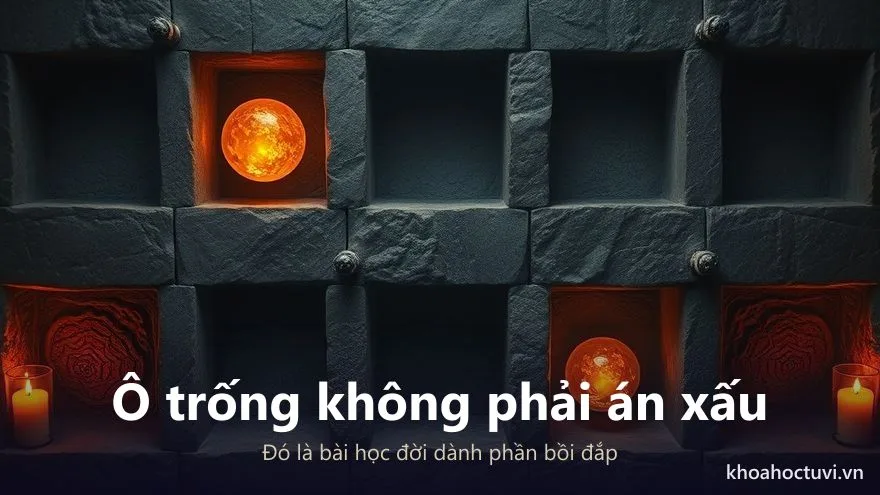 Lưới đá chín ô nơi vài ô sáng đèn và vài ô còn tối — ô trống trong lưới Pythagoras