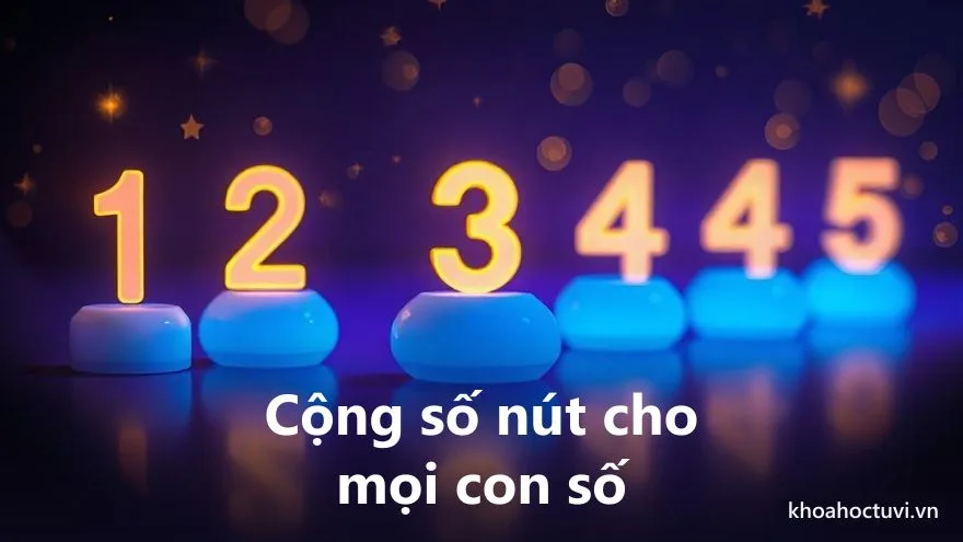 Nhiều loại con số quen thuộc như ngày sinh, số điện thoại, số nhà cùng rút về những con số nút phát sáng, minh họa cách cộng số nút cho mọi con số