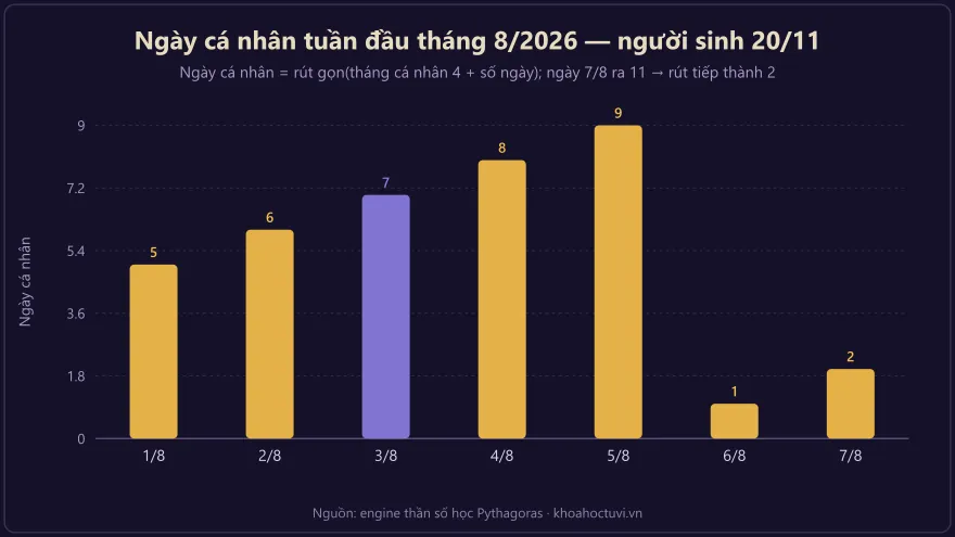 Biểu đồ cột ngày cá nhân của tuần đầu tháng 8 năm 2026 theo từng ngày